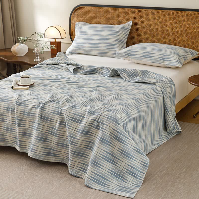 Curved Wave Cotton Gauze Quilt Blanket - Blue - Quilt with 2PCS Pillow Towels - King - image 4