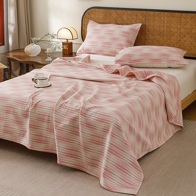 Curved Wave Cotton Gauze Quilt Blanket - Pink - Quilt with 2PCS Pillow Towels - King - image 0