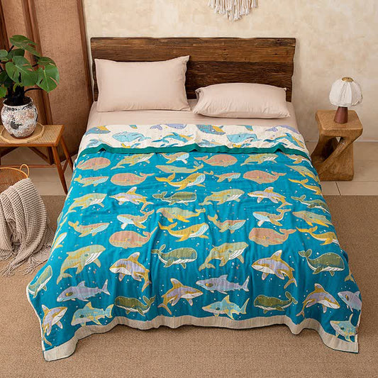 Ocean Whale Dolphin Cotton Quilt Blanket - image 1