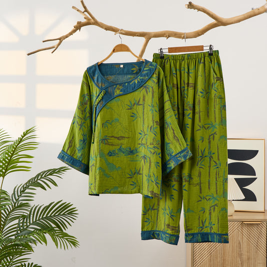 Bamboo Oriental Tassel Cotton Pajama Set - Green - 2XL - image 1