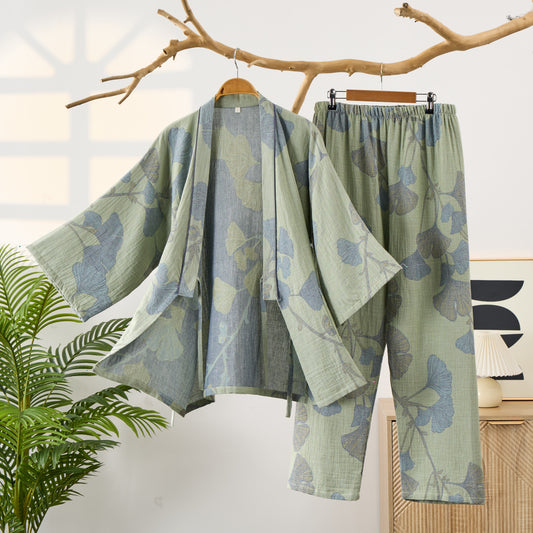 Ginkgo Leaf Organic Cotton Kimono Loungewear - Green - XL - image 0