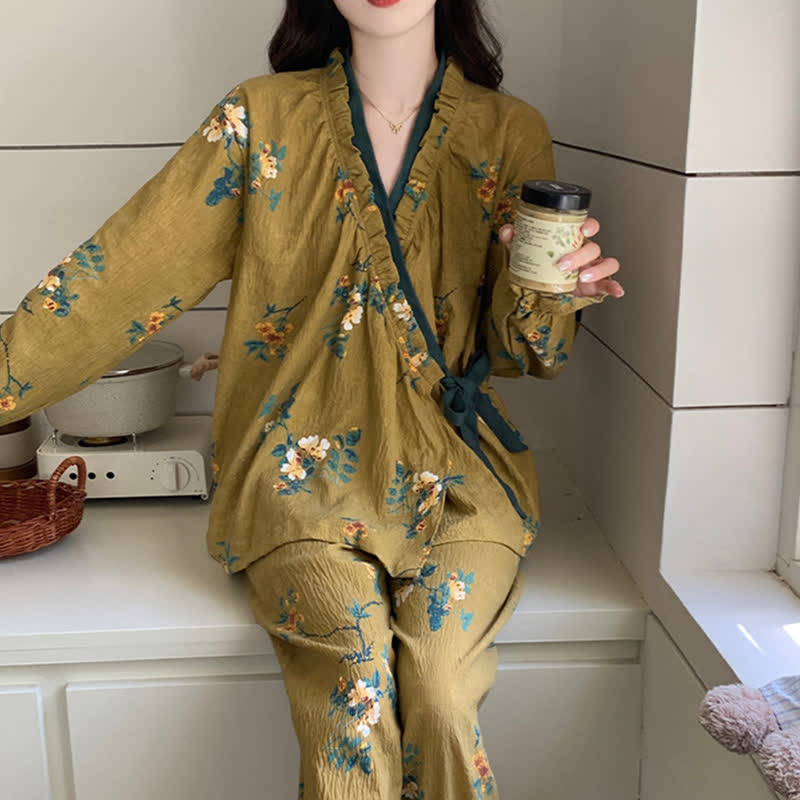 Ruffled Neck Green Floral Pajama Set - image 2