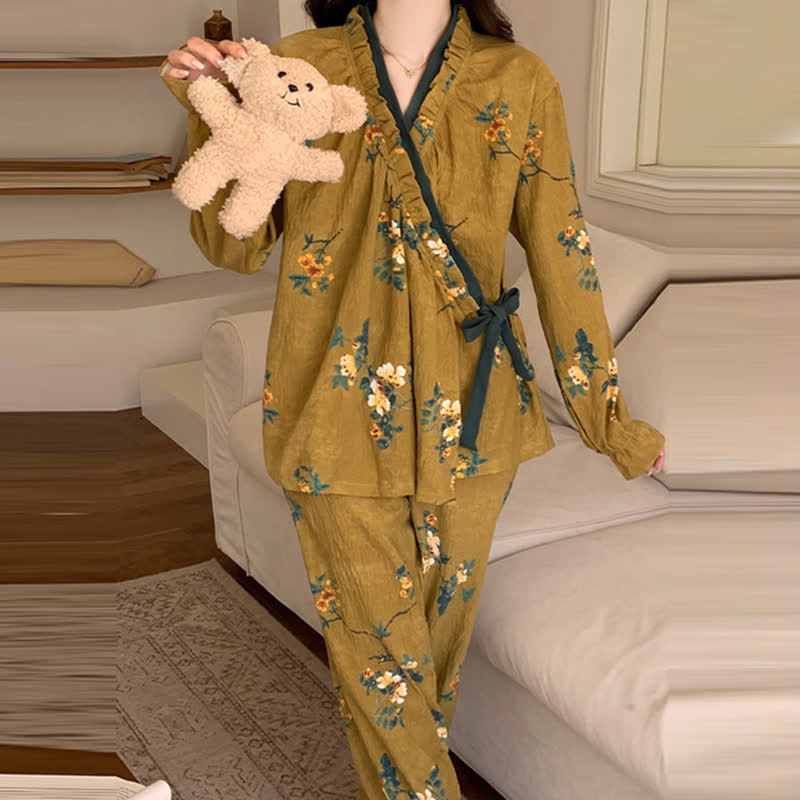 Ruffled Neck Green Floral Pajama Set - image 5