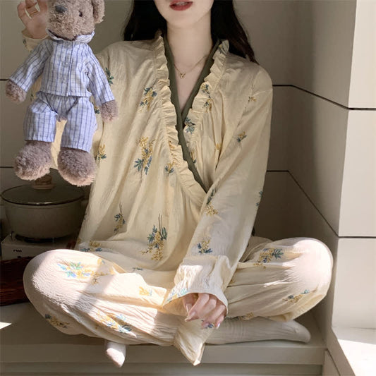 Ruffled Neck Botanical Floral Pajama Set - image 1