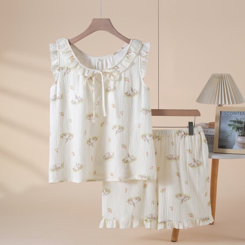 Cartoon Panda Cotton Gauze Sleeveless Pajamas - Beige - XL - image 0
