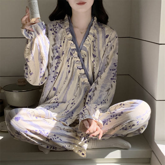 Ruffled Neck Purple Floral Pajama Set - image 1