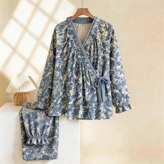 Ruffled Neck Blue Artistic Pajama Set - Light Blue - XL - image 0