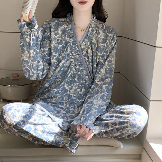 Ruffled Neck Blue Artistic Pajama Set - image 1