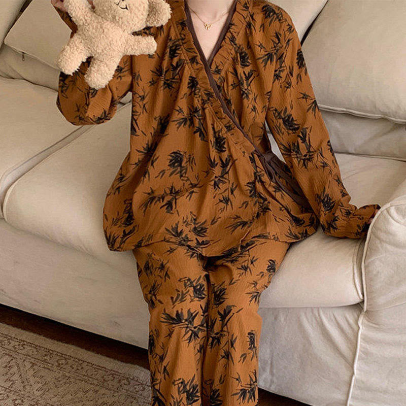 Ruffled Neck Leaf Print Pajama Set - image 1