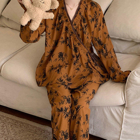 Ruffled Neck Leaf Print Pajama Set - image 1