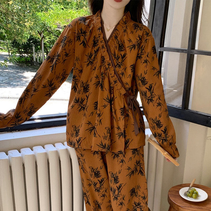 Ruffled Neck Leaf Print Pajama Set - image 7