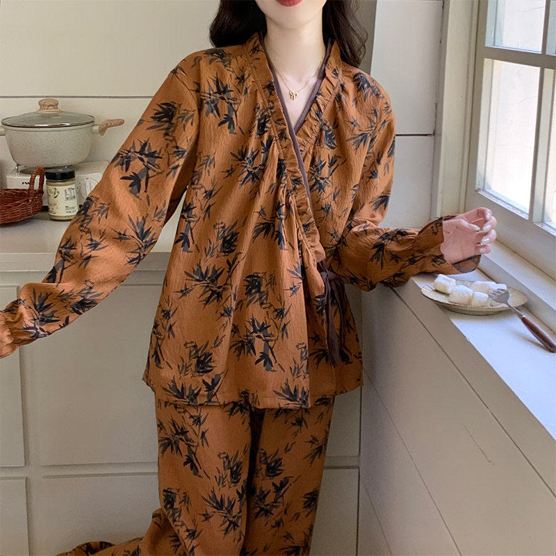 Ruffled Neck Leaf Print Pajama Set - image 4