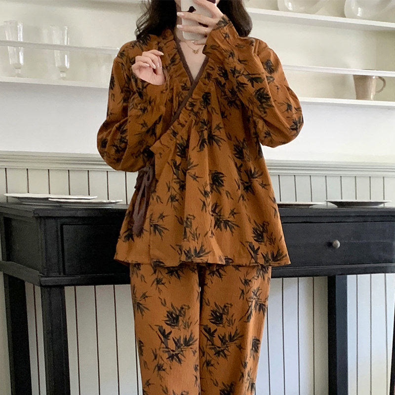 Ruffled Neck Leaf Print Pajama Set - image 3