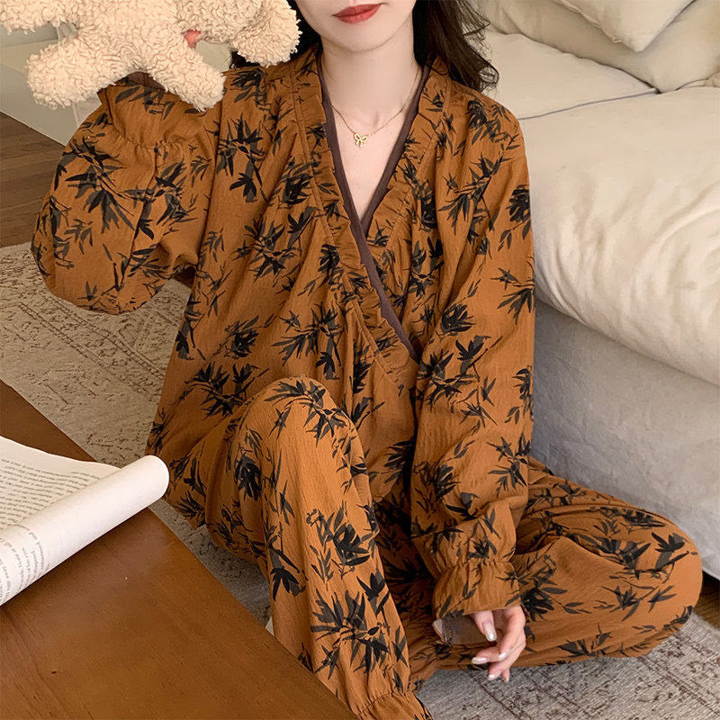 Ruffled Neck Leaf Print Pajama Set - image 5