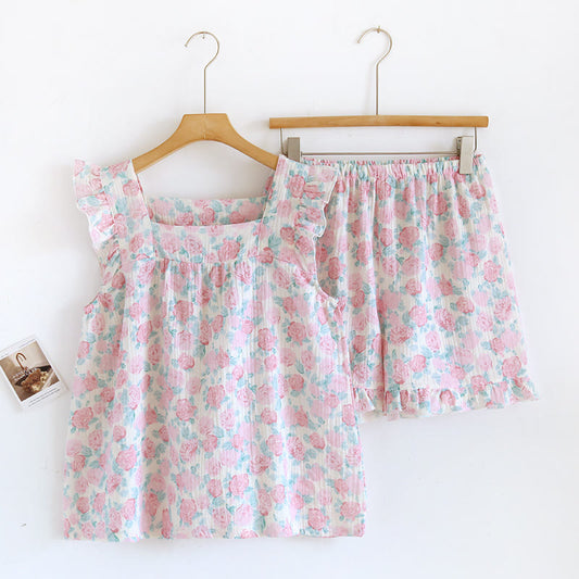 Romantic Floral Cotton Gauze Sleeveless Pajamas - Pink - XL - image 0