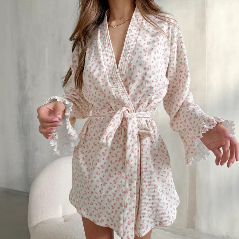 Floral Print Ruffle Knit Pajama Robe - image 3