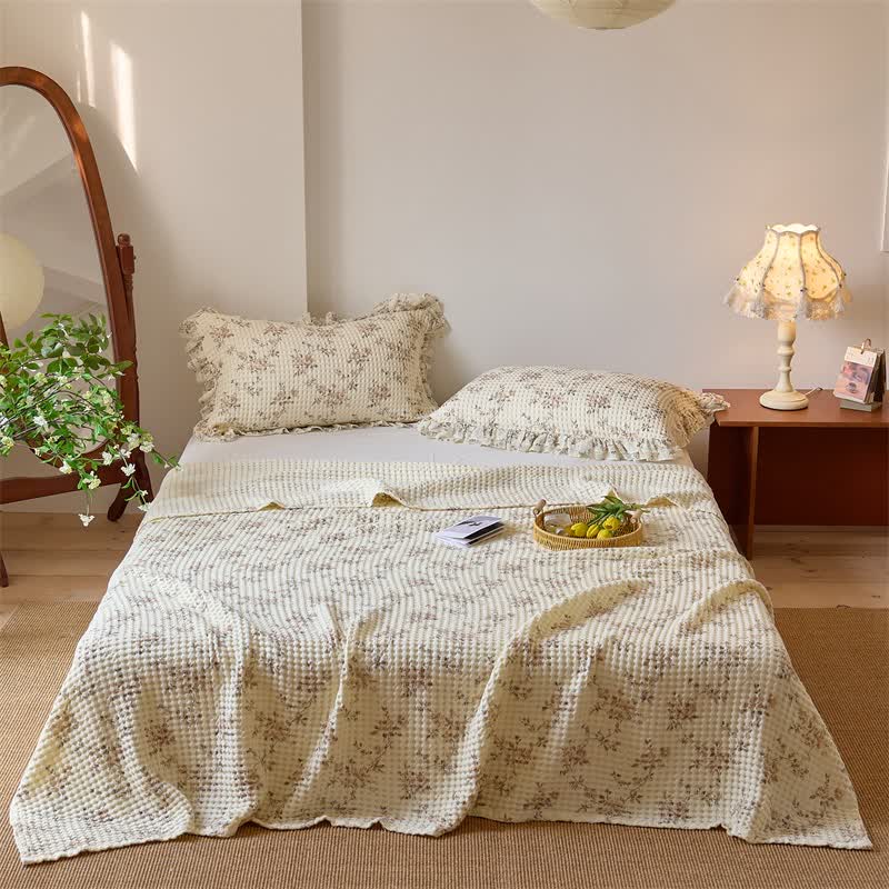 Floral Cotton Gauze Waffle Weave Quilt Blanket - Brown - 2PCS Pillowcases - 20" x 29" - image 10