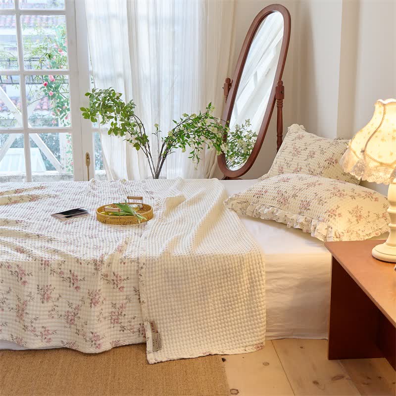 Floral Cotton Gauze Waffle Weave Quilt Blanket - image 4