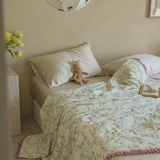 Floral & Bunny Ruffled Trim Summer Quilt - Beige - Queen - image 0