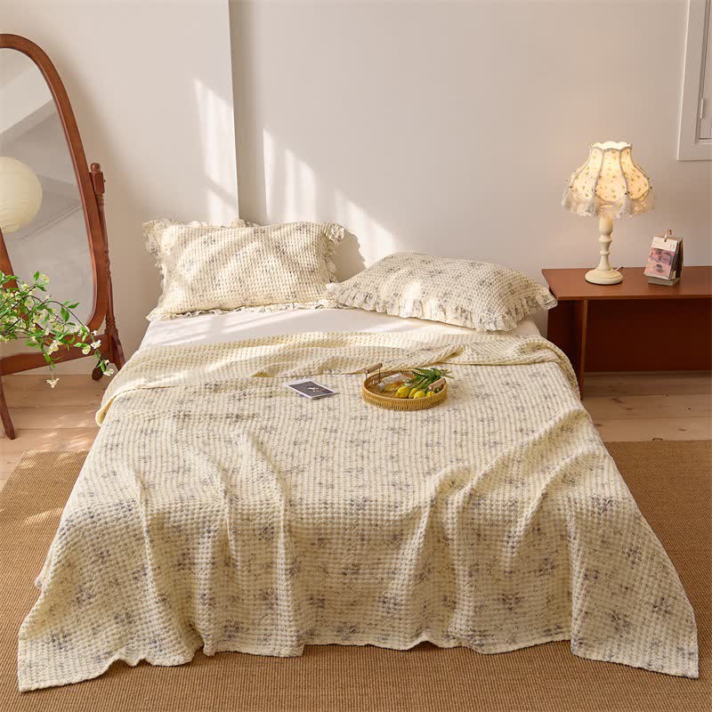 Floral Cotton Gauze Waffle Bedspread Quilt - Blue - 2PCS Pillowcases - 20" x 29" - image 2