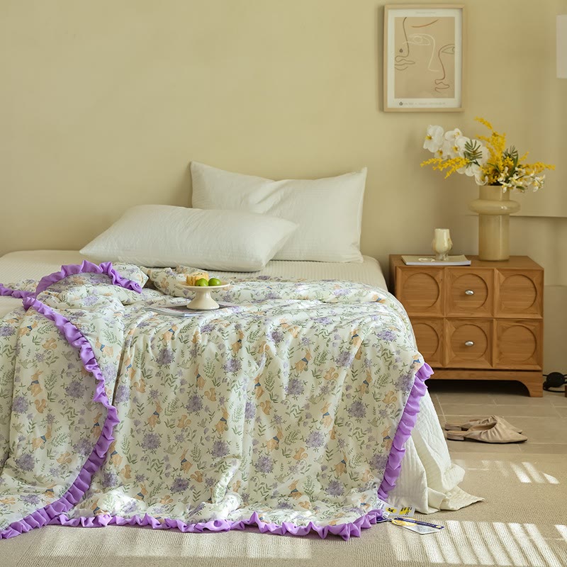 Purple Floral & Bunny Ruffled Summer Quilt - image 1