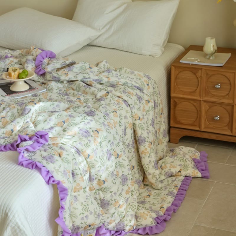 Purple Floral & Bunny Ruffled Summer Quilt - Beige - Queen - image 0
