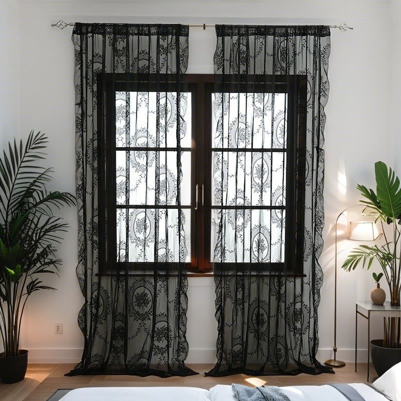 Cottage Lace Sheer Curtain with Ruffle Trim - Black - 55"W x 102"L - image 23