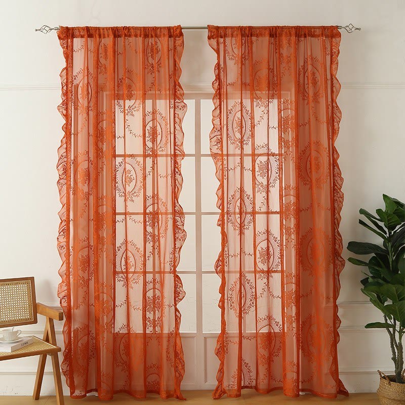 Cottage Lace Sheer Curtain with Ruffle Trim - Orange - 55"W x 102"L - image 7