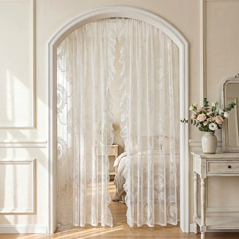 Cottage Lace Sheer Curtain with Ruffle Trim - White - 55"W x 102"L - image 16