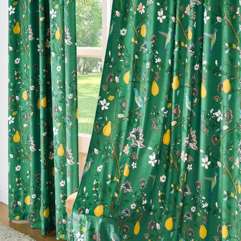 Vintage Country Bird & Floral Curtain - Green - 57"W x 106"L - image 7