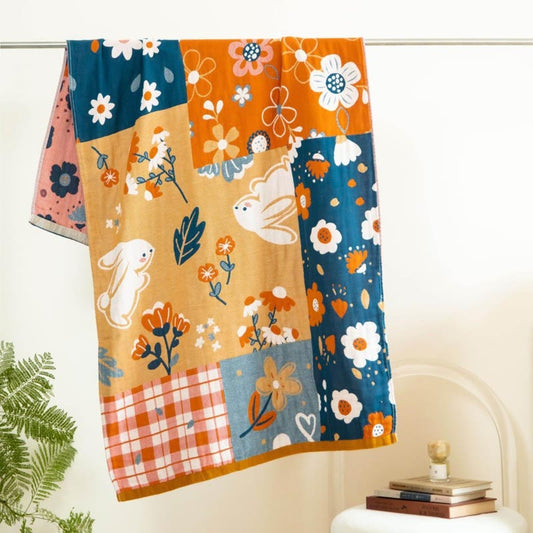 Pastoral Bunny & Floral Cotton Gauze Bath Towel - Multicolor - 29" W× 59"L - image 0