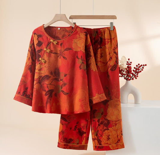 Luxurious Peony Pure Cotton Pajama Set - Red - XL - image 0
