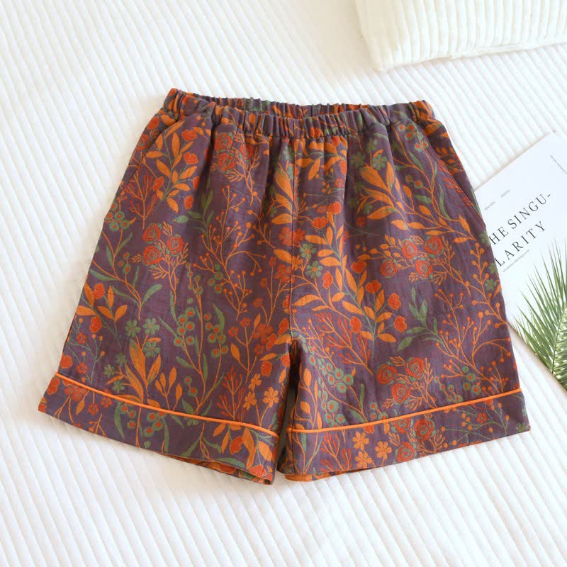 Vintage Leaf Cotton Gauze Pajama Shorts - Red - 2PCS - XL - image 3