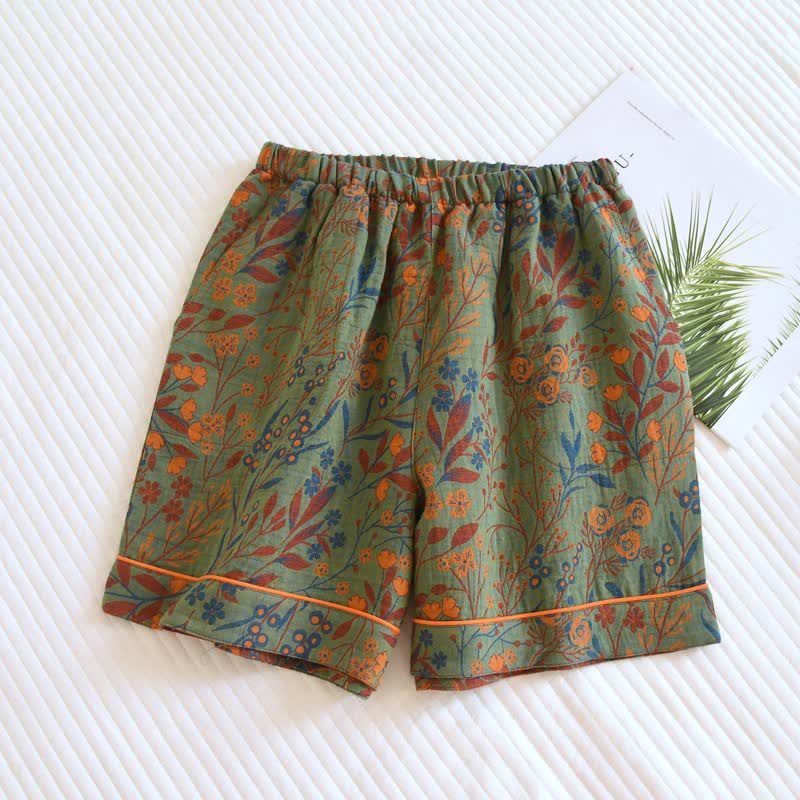 Vintage Leaf Cotton Gauze Pajama Shorts - Green - 2PCS - XL - image 2
