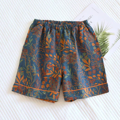 Vintage Leaf Cotton Gauze Pajama Shorts - Blue - 2PCS - XL - image 1