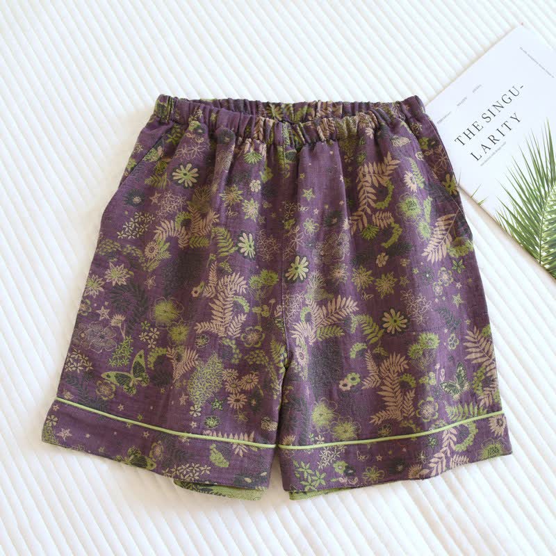 Purple Mimosa Cotton Gauze Pajama Shorts - Purple - 2PCS - XL - image 0