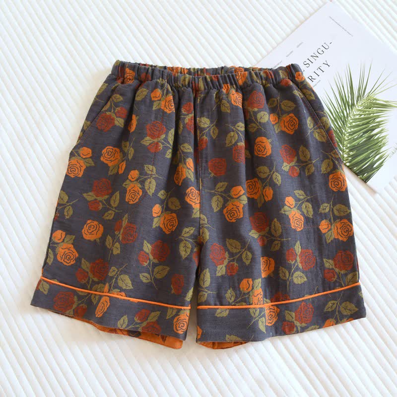 Pastoral Rose Cotton Gauze Pajama Shorts - Gray - 2PCS - XL - image 0