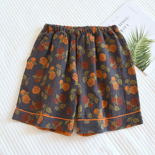 Pastoral Rose Cotton Gauze Pajama Shorts - Gray - 2PCS - XL - image 0