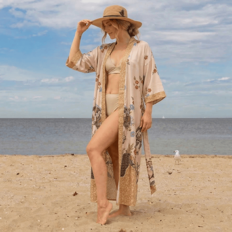 Sunshine Serenity Oriental Floral Bird Kimono Style Bathrobe - image 1