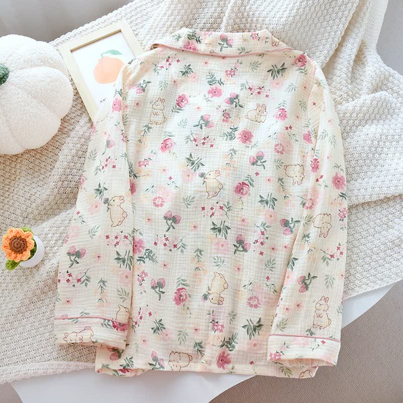 Floral & Bunny Cotton Gauze Pajama Top - image 1