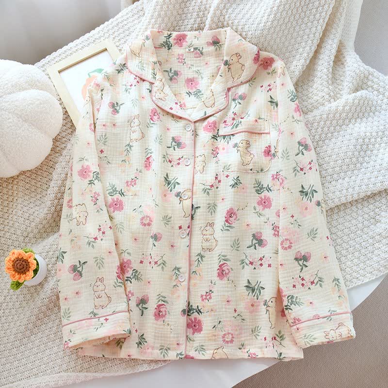 Floral & Bunny Cotton Gauze Pajama Top - Beige - XL - image 0