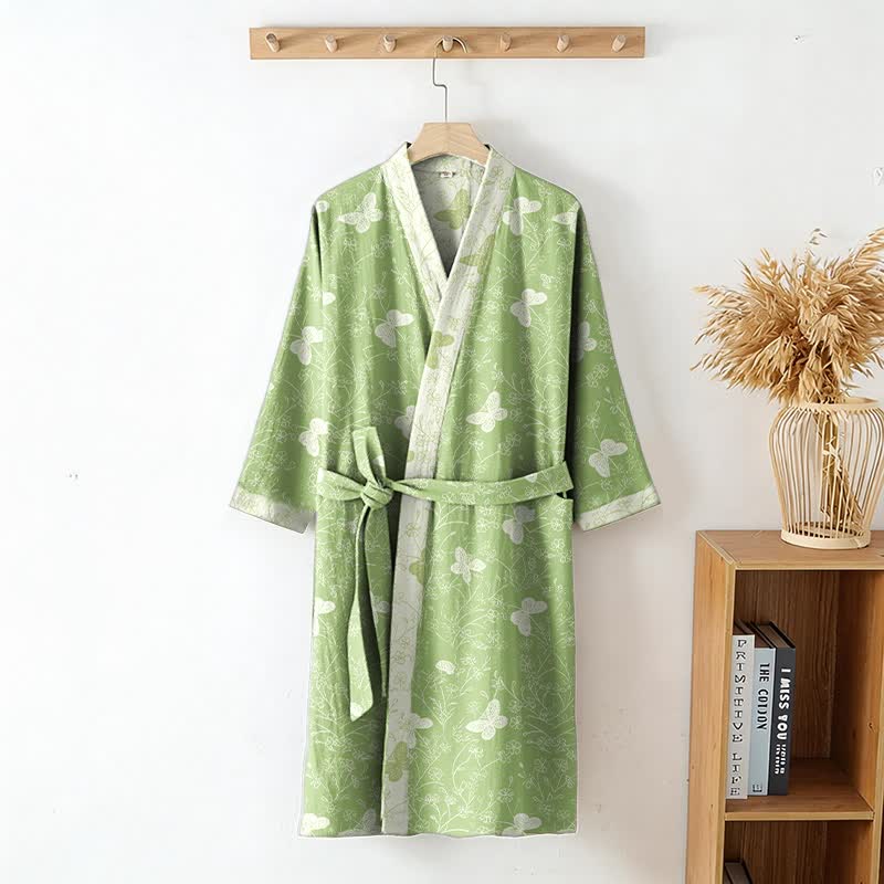 Double Gauze Green Butterfly Cotton Kimono Robe - image 2