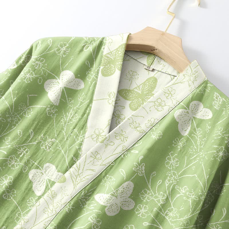 Double Gauze Green Butterfly Cotton Kimono Robe - image 4