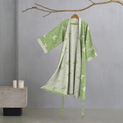 Double Gauze Green Butterfly Cotton Kimono Robe - Green - XL - image 0