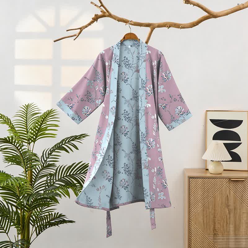 Double Gauze Blooming Floral Cotton Kimono Robe - image 1