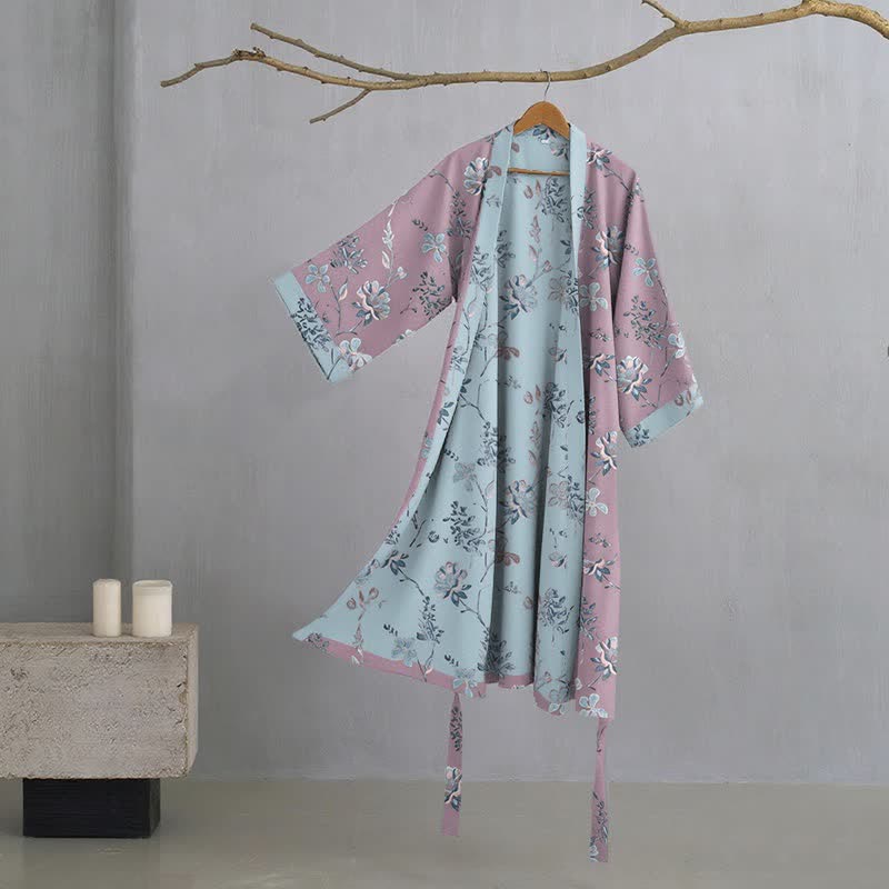 Double Gauze Blooming Floral Cotton Kimono Robe - Purple - XL - image 0