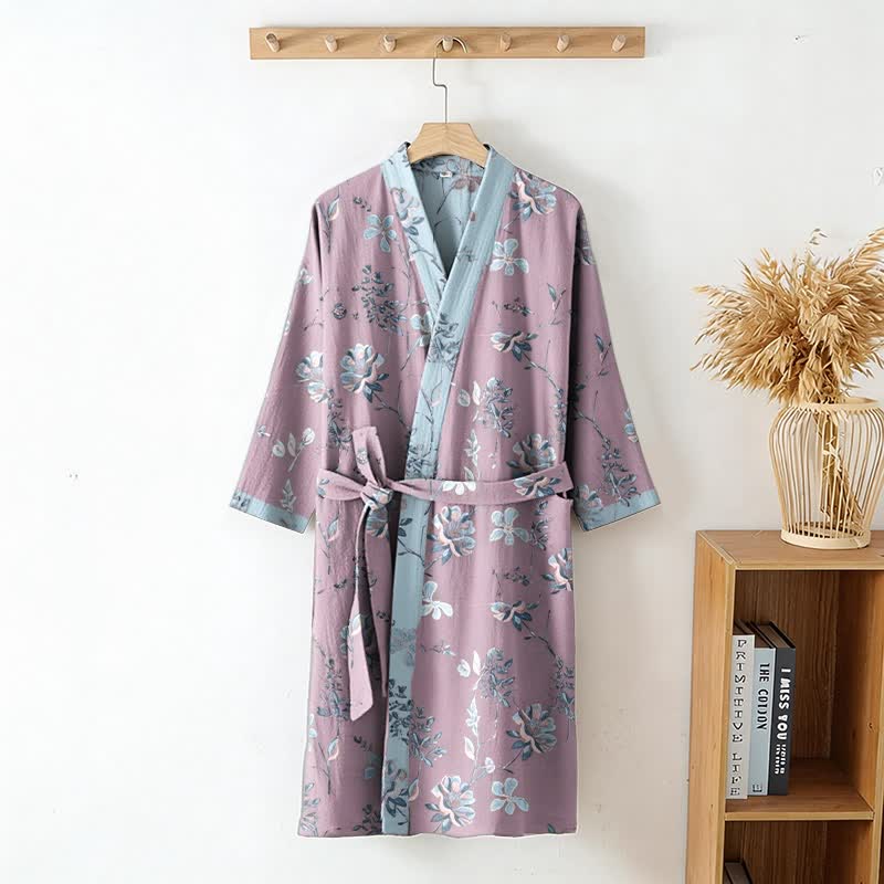 Double Gauze Blooming Floral Cotton Kimono Robe - image 3