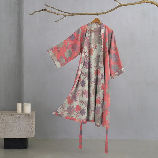 Double Gauze Maple Leaf Cotton Kimono Robe - Pink - XL - image 0