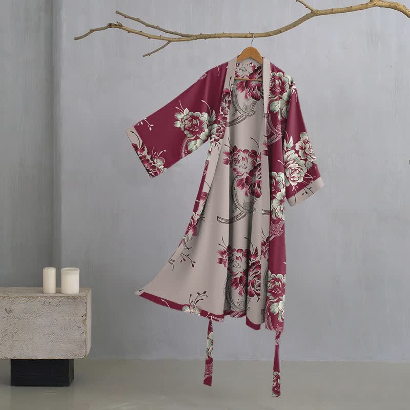 Luxurious Peony Double Gauze Cotton Kimono Robe - Wine - XL - image 0