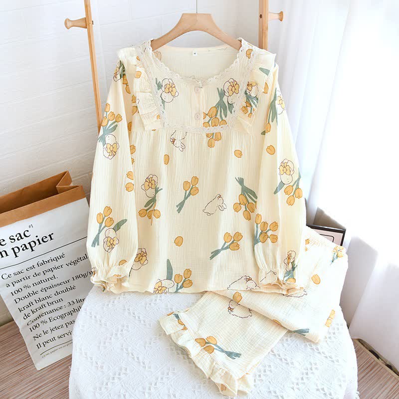 Tulip & Bunny Cotton Gauze Pajama Set - Apricot - Lace Crew Neck - XL - image 0